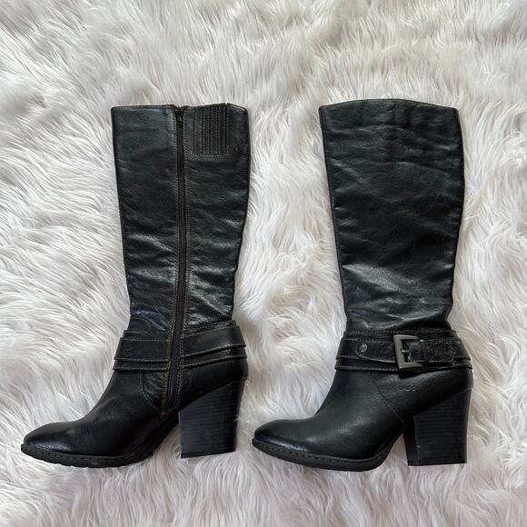 BOC Knee High Boots Leather Buckle Side Zip Block Heeled Tall, Black - Picture 4 of 8